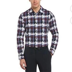 Perry Ellis Square Plaid Shirt Long Sleeve Button-Down Maroon Navy Size 2XLT